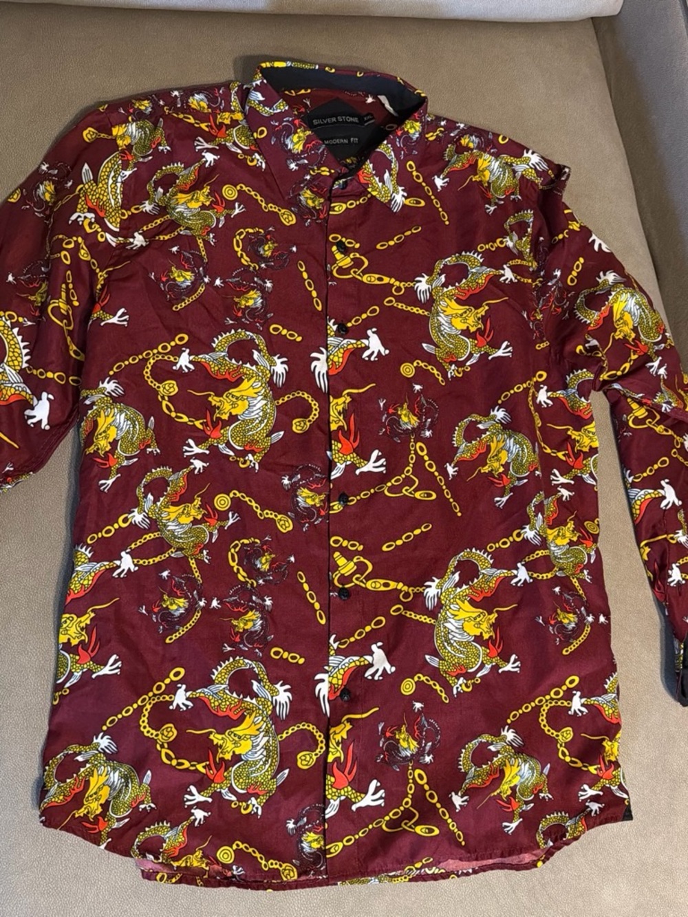 Men's Burgundy Dragon Print Button-Down Shirt by